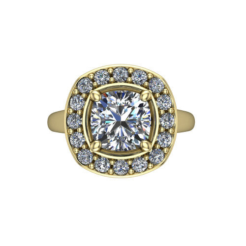 Makenna cushion halo engagement ring in 18K Yellow Gold, top-down view showing the full pav&eacute; halo framing the cushion center from above