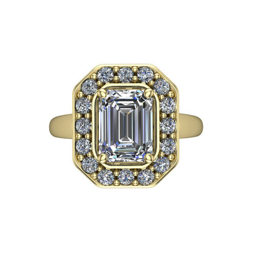 Makenna emerald halo engagement ring in 14K Yellow Gold, top-down view showing the full pav&eacute; halo framing the emerald center from above