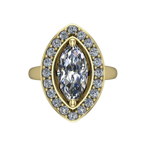 Makenna marquise halo engagement ring in 18K Yellow Gold, top-down view showing the full pav&eacute; halo framing the marquise center from above