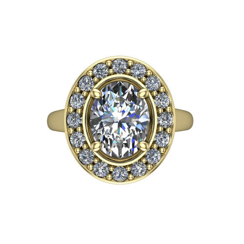 Makenna oval halo engagement ring in 18K Yellow Gold, top-down view showing the full pav&eacute; halo framing the oval center from above
