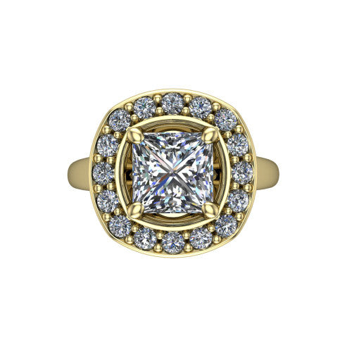 Makenna princess halo engagement ring in 14K Yellow Gold, top-down view showing the full pav&eacute; halo framing the princess center from above