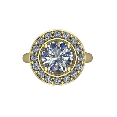 Makenna round halo engagement ring in 14K Yellow Gold, top-down view showing the full pav&eacute; halo framing the round center from above