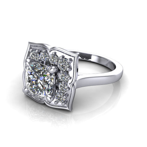 Salem cushion floral halo engagement ring in Platinum, three-quarter perspective showing the center in a scalloped floral diamond halo above a plain band