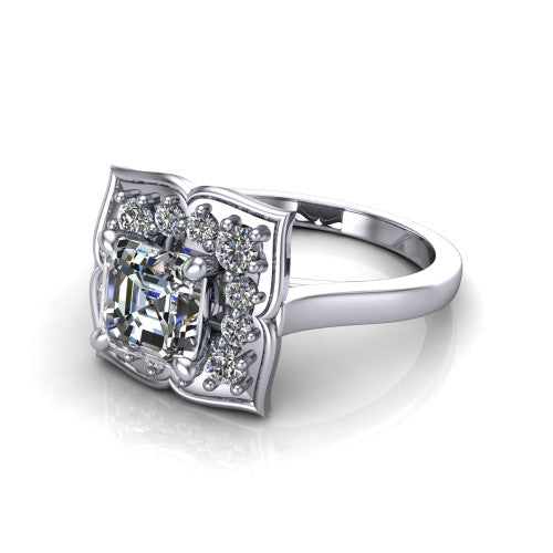 Salem square emerald floral halo engagement ring in Platinum, three-quarter perspective showing the center in a scalloped floral diamond halo above a plain band