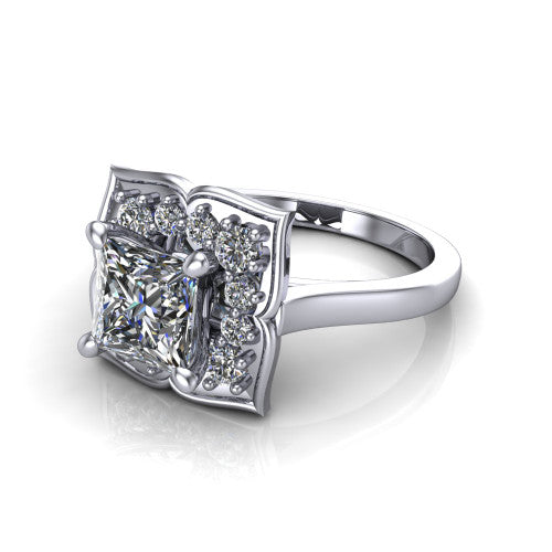 Salem princess floral halo engagement ring in 14K White Gold, three-quarter perspective showing the center in a scalloped floral diamond halo above a plain band