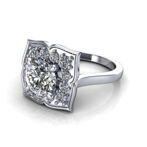 Salem round floral halo engagement ring in Platinum, three-quarter perspective showing the center in a scalloped floral diamond halo above a plain band