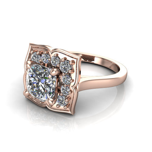 Salem cushion floral halo engagement ring in 14K Rose Gold, three-quarter perspective showing the center in a scalloped floral diamond halo above a plain band