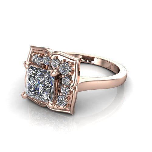 Salem princess floral halo engagement ring in 14K Rose Gold, three-quarter perspective showing the center in a scalloped floral diamond halo above a plain band