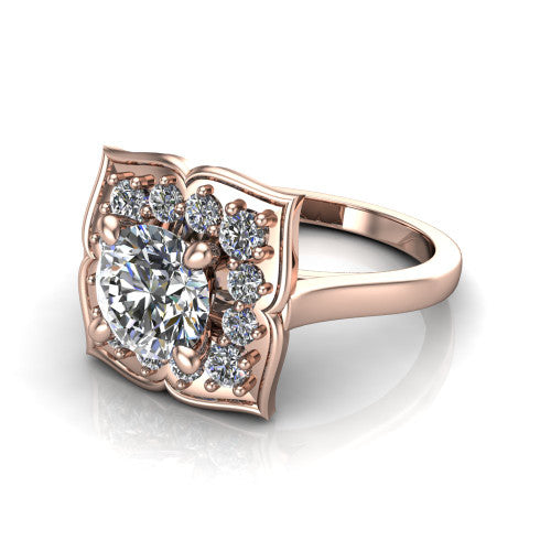 Salem round floral halo engagement ring in 14K Rose Gold, three-quarter perspective showing the center in a scalloped floral diamond halo above a plain band