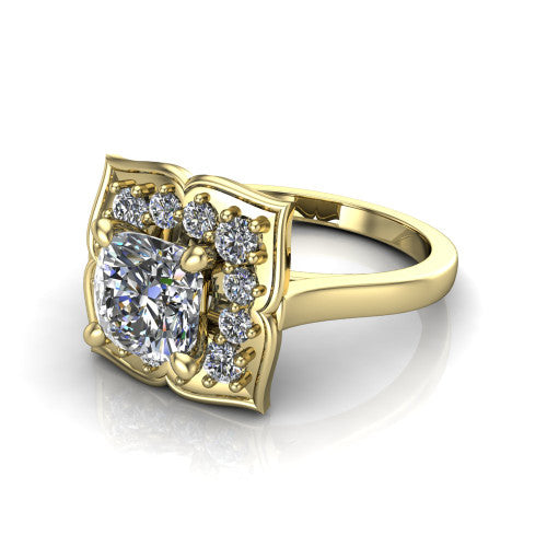 Salem cushion floral halo engagement ring in 14K Yellow Gold, three-quarter perspective showing the center in a scalloped floral diamond halo above a plain band