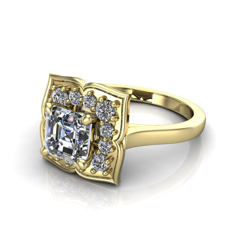 Salem square emerald floral halo engagement ring in 18K Yellow Gold, three-quarter perspective showing the center in a scalloped floral diamond halo above a plain band