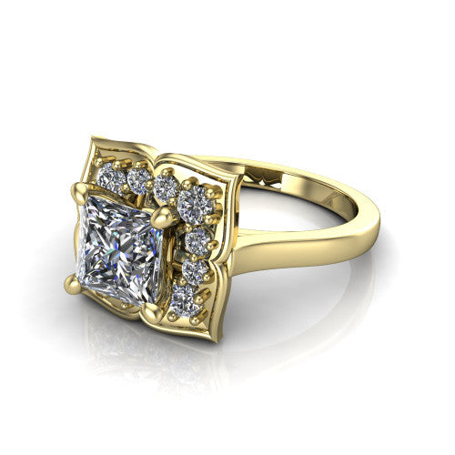 Salem princess floral halo engagement ring in 18K Yellow Gold, three-quarter perspective showing the center in a scalloped floral diamond halo above a plain band