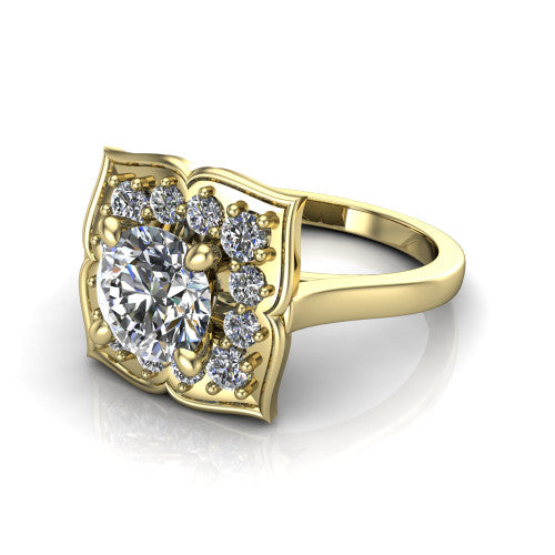 Salem round floral halo engagement ring in 18K Yellow Gold, three-quarter perspective showing the center in a scalloped floral diamond halo above a plain band