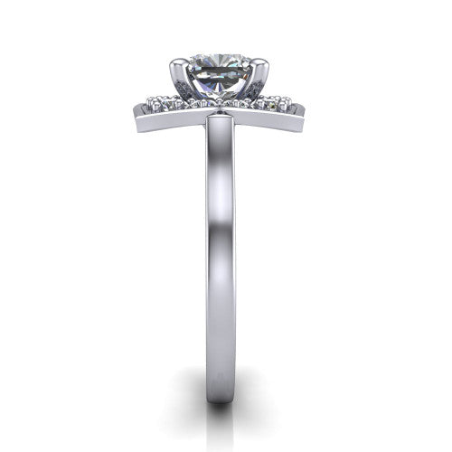 Salem cushion floral halo engagement ring in 14K White Gold, side profile showing the plain polished band and the vintage floral halo profile
