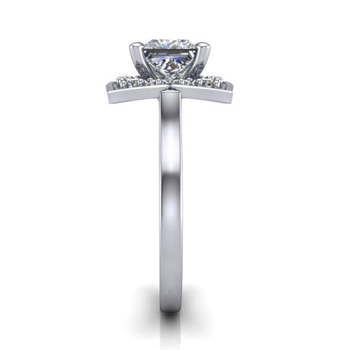 Salem princess floral halo engagement ring in Platinum, side profile showing the plain polished band and the vintage floral halo profile