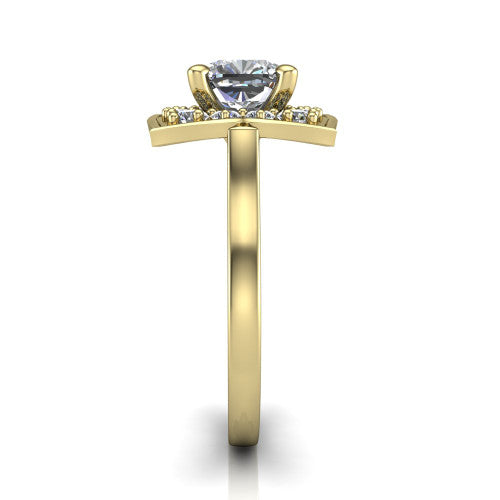 Salem cushion floral halo engagement ring in 14K Yellow Gold, side profile showing the plain polished band and the vintage floral halo profile