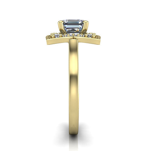 Salem square emerald floral halo engagement ring in 18K Yellow Gold, side profile showing the plain polished band and the vintage floral halo profile