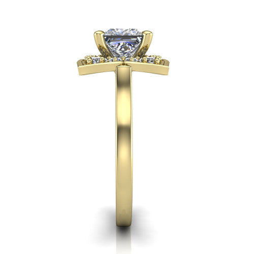 Salem princess floral halo engagement ring in 18K Yellow Gold, side profile showing the plain polished band and the vintage floral halo profile