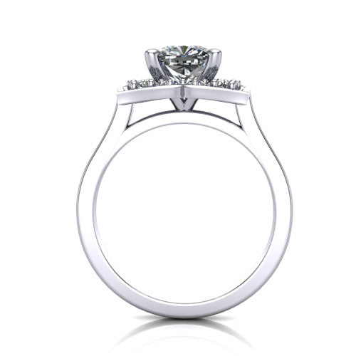 Salem cushion floral halo engagement ring in 18K White Gold, through-finger front profile showing the floral halo head raised above the smooth band