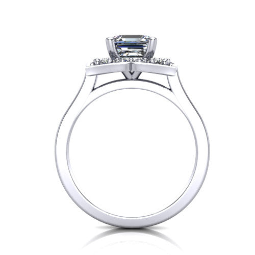 Salem square emerald floral halo engagement ring in 14K White Gold, through-finger front profile showing the floral halo head raised above the smooth band