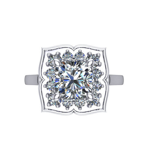 Salem cushion floral halo engagement ring in 14K White Gold, top-down view showing the quatrefoil floral halo framing the center from above