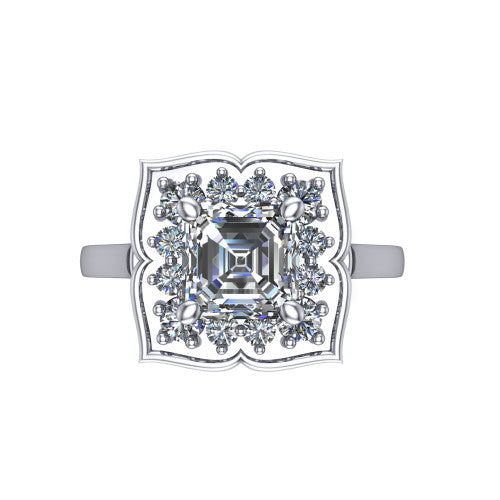 Salem square emerald floral halo engagement ring in Platinum, top-down view showing the quatrefoil floral halo framing the center from above