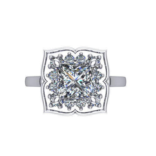 Salem princess floral halo engagement ring in Platinum, top-down view showing the quatrefoil floral halo framing the center from above