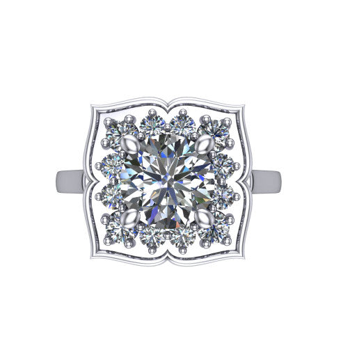 Salem round floral halo engagement ring in 18K White Gold, top-down view showing the quatrefoil floral halo framing the center from above