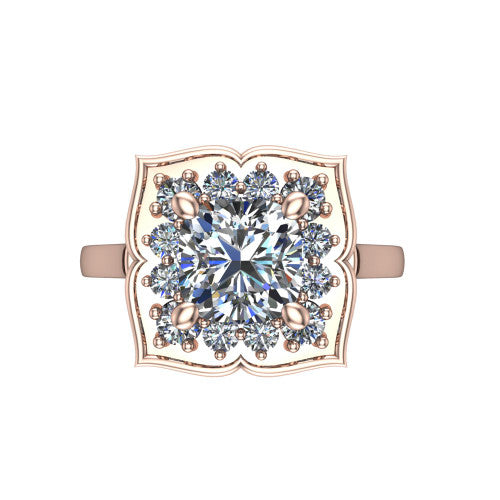 Salem cushion floral halo engagement ring in 18K Rose Gold, top-down view showing the quatrefoil floral halo framing the center from above