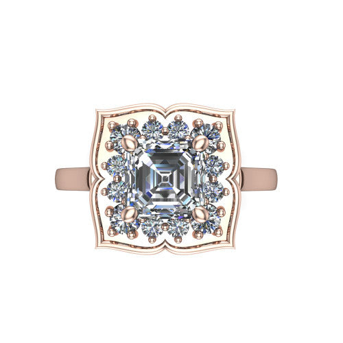 Salem square emerald floral halo engagement ring in 14K Rose Gold, top-down view showing the quatrefoil floral halo framing the center from above