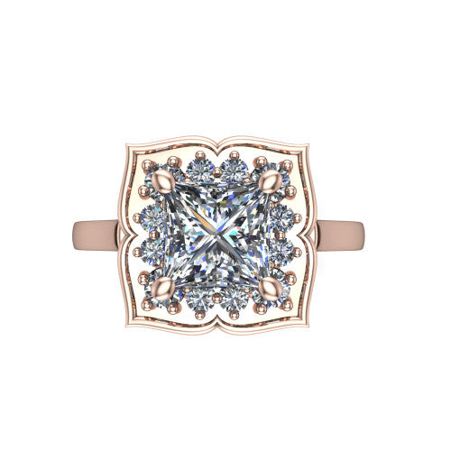 Salem princess floral halo engagement ring in 18K Rose Gold, top-down view showing the quatrefoil floral halo framing the center from above