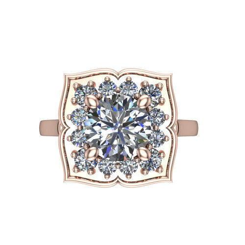 Salem round floral halo engagement ring in 14K Rose Gold, top-down view showing the quatrefoil floral halo framing the center from above