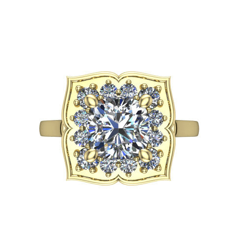 Salem cushion floral halo engagement ring in 14K Yellow Gold, top-down view showing the quatrefoil floral halo framing the center from above