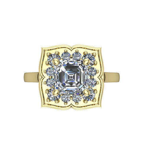 Salem square emerald floral halo engagement ring in 18K Yellow Gold, top-down view showing the quatrefoil floral halo framing the center from above