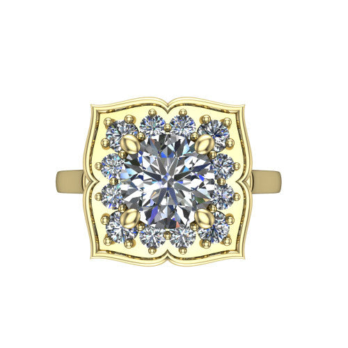 Salem round floral halo engagement ring in 18K Yellow Gold, top-down view showing the quatrefoil floral halo framing the center from above