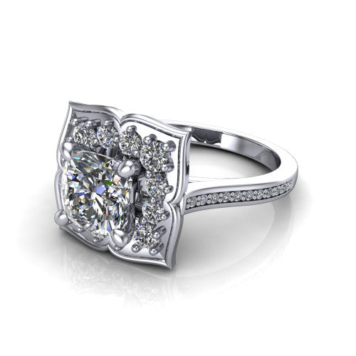 Allie cushion floral halo engagement ring in Platinum, three-quarter perspective showing the center in a scalloped floral diamond halo above a pav&eacute; band