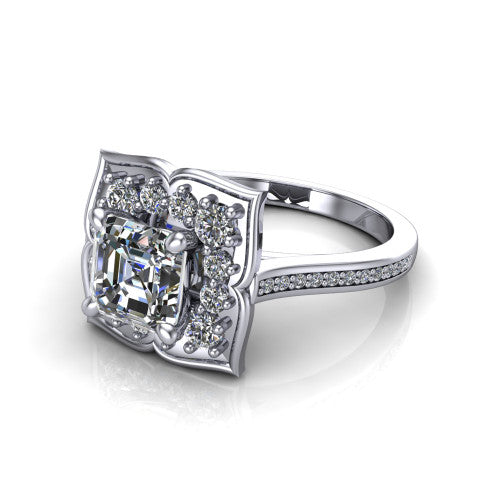 Allie square emerald floral halo engagement ring in 14K White Gold, three-quarter perspective showing the center in a scalloped floral diamond halo above a pav&eacute; band