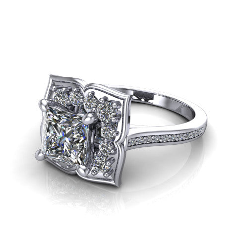 Allie princess floral halo engagement ring in Platinum, three-quarter perspective showing the center in a scalloped floral diamond halo above a pav&eacute; band