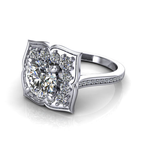 Allie round floral halo engagement ring in 18K White Gold, three-quarter perspective showing the center in a scalloped floral diamond halo above a pav&eacute; band