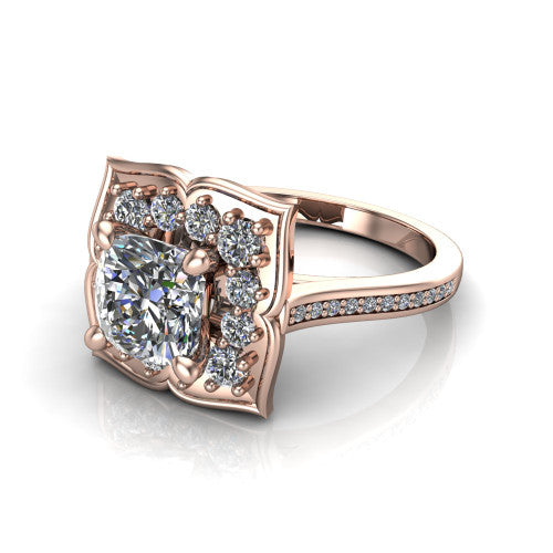 Allie cushion floral halo engagement ring in 18K Rose Gold, three-quarter perspective showing the center in a scalloped floral diamond halo above a pav&eacute; band