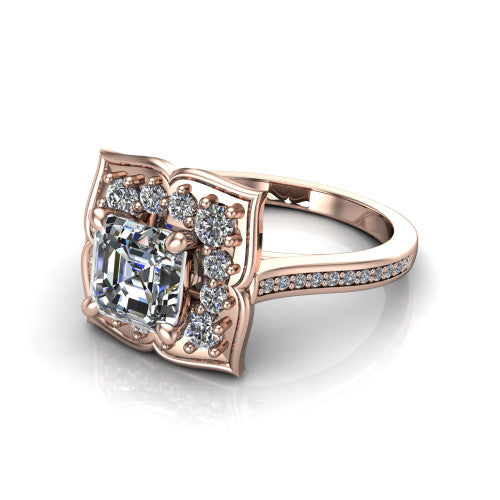 Allie square emerald floral halo engagement ring in 14K Rose Gold, three-quarter perspective showing the center in a scalloped floral diamond halo above a pav&eacute; band