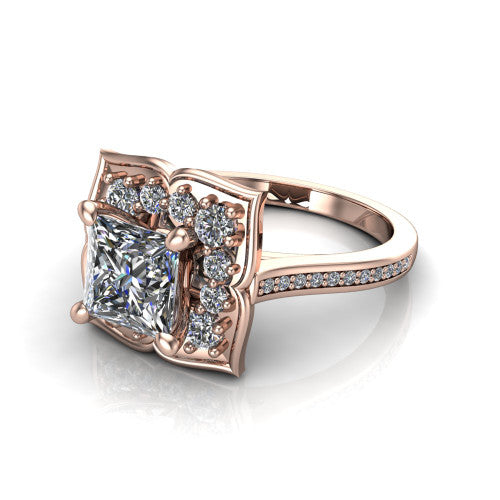 Allie princess floral halo engagement ring in 18K Rose Gold, three-quarter perspective showing the center in a scalloped floral diamond halo above a pav&eacute; band