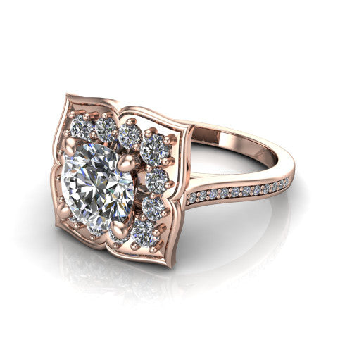 Allie round floral halo engagement ring in 14K Rose Gold, three-quarter perspective showing the center in a scalloped floral diamond halo above a pav&eacute; band