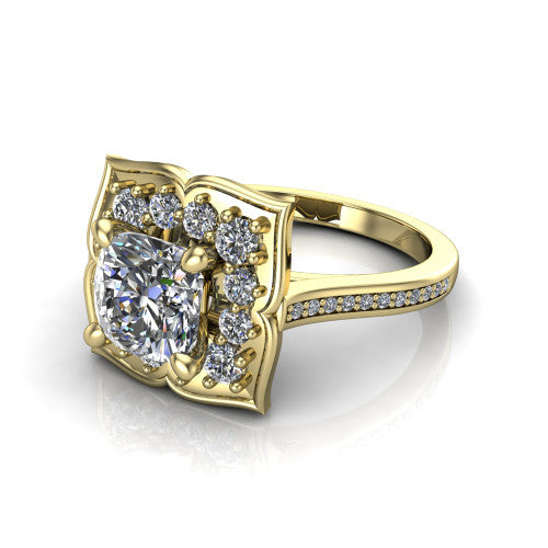 Allie cushion floral halo engagement ring in 18K Yellow Gold, three-quarter perspective showing the center in a scalloped floral diamond halo above a pav&eacute; band