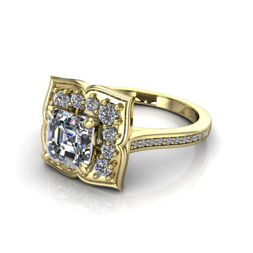 Allie square emerald floral halo engagement ring in 14K Yellow Gold, three-quarter perspective showing the center in a scalloped floral diamond halo above a pav&eacute; band