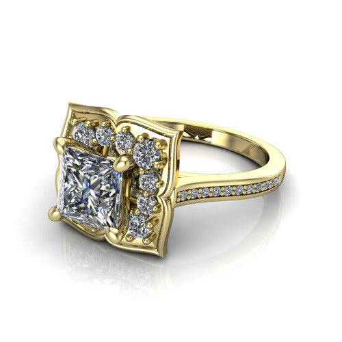 Allie princess floral halo engagement ring in 14K Yellow Gold, three-quarter perspective showing the center in a scalloped floral diamond halo above a pav&eacute; band