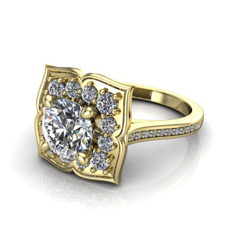 Allie round floral halo engagement ring in 14K Yellow Gold, three-quarter perspective showing the center in a scalloped floral diamond halo above a pav&eacute; band