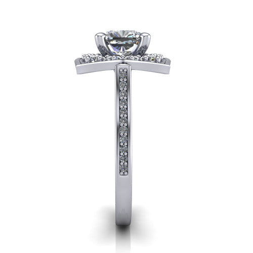 Allie cushion floral halo engagement ring in Platinum, side profile showing the pav&eacute; band and the vintage floral halo profile