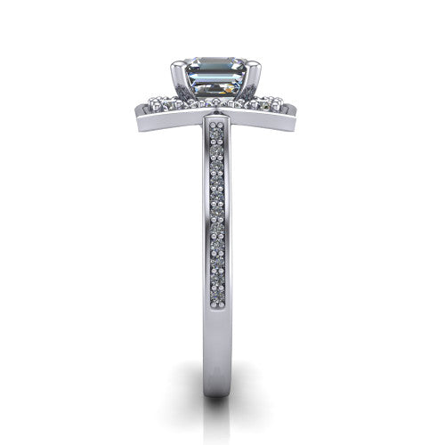 Allie square emerald floral halo engagement ring in 14K White Gold, side profile showing the pav&eacute; band and the vintage floral halo profile