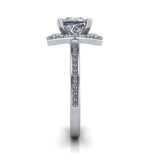Allie princess floral halo engagement ring in 14K White Gold, side profile showing the pav&eacute; band and the vintage floral halo profile